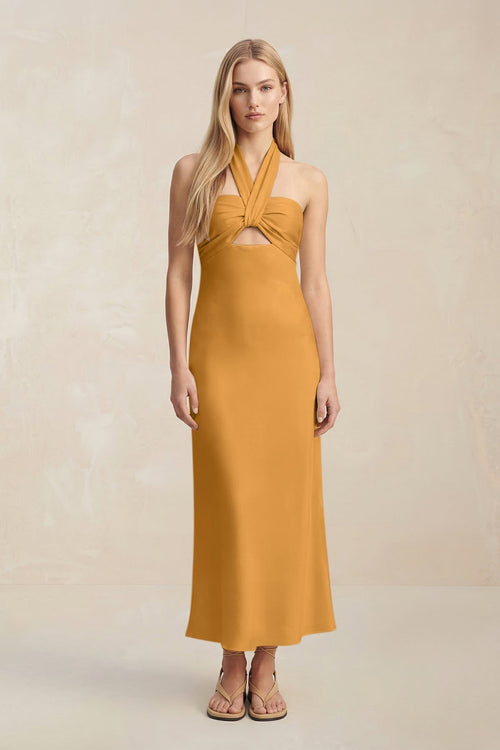 Halter Keyhole Sheath Midi Bridesmaid Dress in Marigold - KissProm Bridesmaid Dresses
