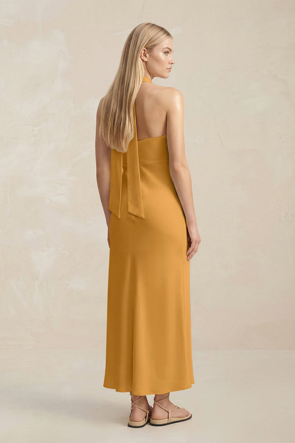 Halter Keyhole Sheath Midi Bridesmaid Dress in Marigold - KissProm Bridesmaid Dresses
