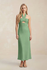 Halter Keyhole Sheath Midi Bridesmaid Dress in Matcha - KissProm Bridesmaid Dresses