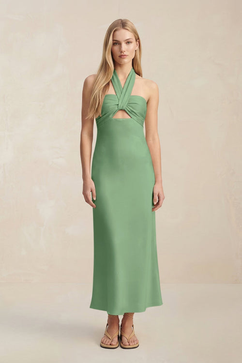 Halter Keyhole Sheath Midi Bridesmaid Dress in Matcha - KissProm Bridesmaid Dresses