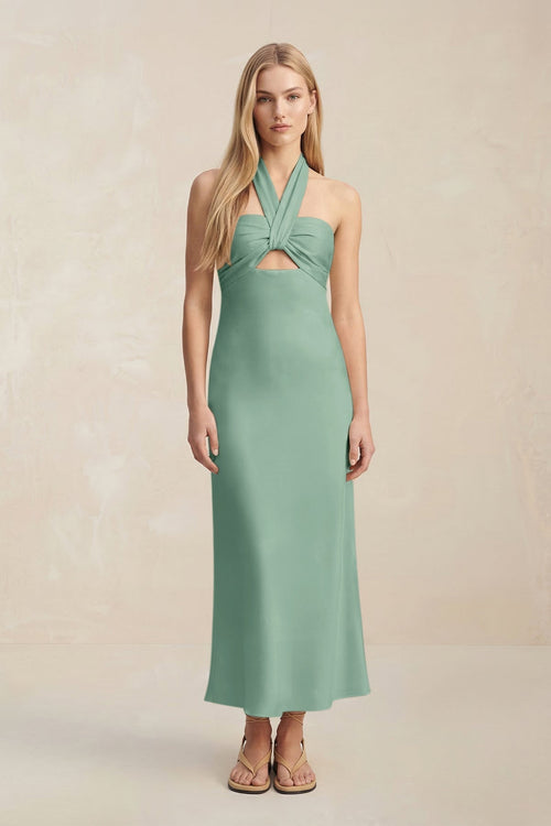Halter Keyhole Sheath Midi Bridesmaid Dress in Mint Green - KissProm Bridesmaid Dresses