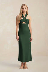 Halter Keyhole Sheath Midi Bridesmaid Dress in Moss - KissProm Bridesmaid Dresses