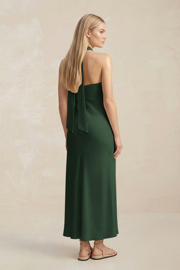 Halter Keyhole Sheath Midi Bridesmaid Dress in Moss - KissProm Bridesmaid Dresses
