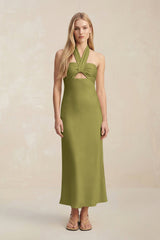 Halter Keyhole Sheath Midi Bridesmaid Dress in Moss Green - KissProm Bridesmaid Dresses