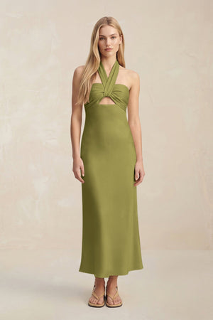 Halter Keyhole Sheath Midi Bridesmaid Dress in Moss Green - KissProm Bridesmaid Dresses