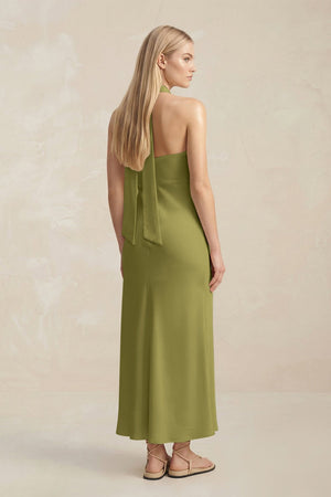 Halter Keyhole Sheath Midi Bridesmaid Dress in Moss Green - KissProm Bridesmaid Dresses