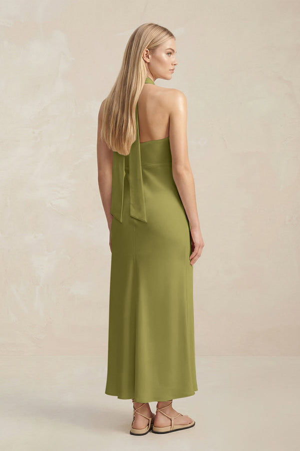 Halter Keyhole Sheath Midi Bridesmaid Dress in Moss Green - KissProm Bridesmaid Dresses