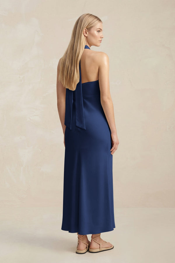 Halter Keyhole Sheath Midi Bridesmaid Dress in Navy - KissProm Bridesmaid Dresses