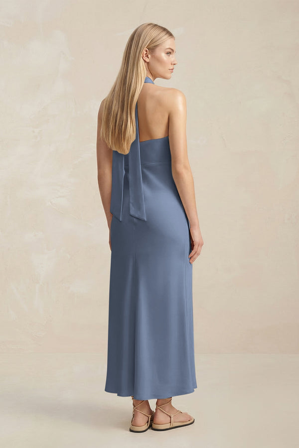 Halter Keyhole Sheath Midi Bridesmaid Dress in Neptune - KissProm Bridesmaid Dresses