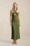 Halter Keyhole Sheath Midi Bridesmaid Dress in Olive - KissProm Bridesmaid Dresses
