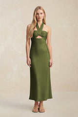 Halter Keyhole Sheath Midi Bridesmaid Dress in Olive - KissProm Bridesmaid Dresses