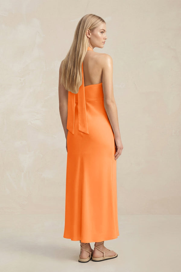 Halter Keyhole Sheath Midi Bridesmaid Dress in Orange - KissProm Bridesmaid Dresses