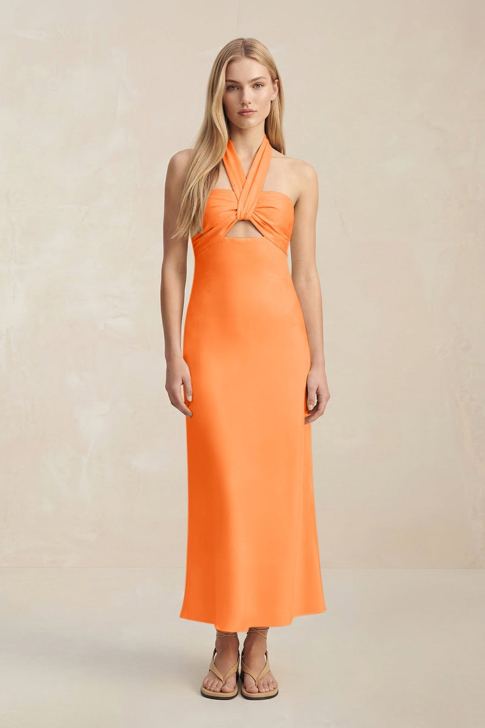 Halter Keyhole Sheath Midi Bridesmaid Dress in Orange - KissProm Bridesmaid Dresses