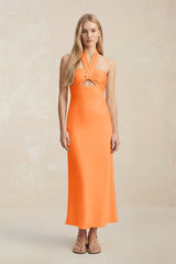 Halter Keyhole Sheath Midi Bridesmaid Dress in Orange - KissProm Bridesmaid Dresses