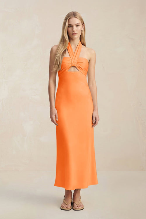 Halter Keyhole Sheath Midi Bridesmaid Dress in Orange - KissProm Bridesmaid Dresses