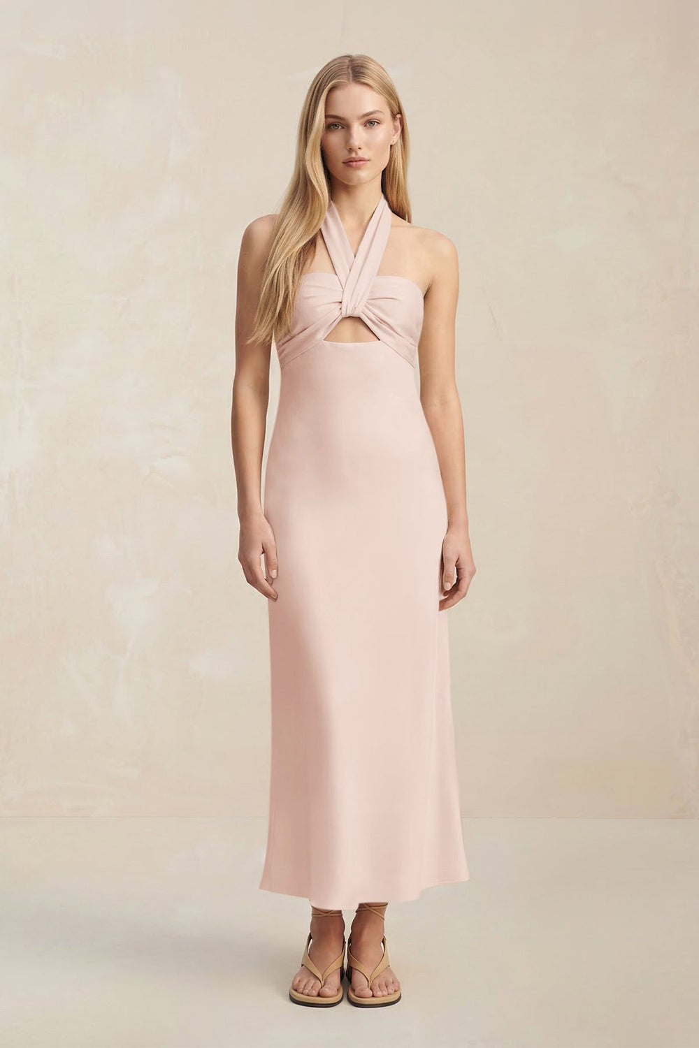 Halter Keyhole Sheath Midi Bridesmaid Dress in Pale Blush - KissProm Bridesmaid Dresses