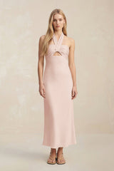Halter Keyhole Sheath Midi Bridesmaid Dress in Pale Blush - KissProm Bridesmaid Dresses