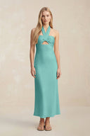 Halter Keyhole Sheath Midi Bridesmaid Dress in Pale Pistachio - KissProm Bridesmaid Dresses