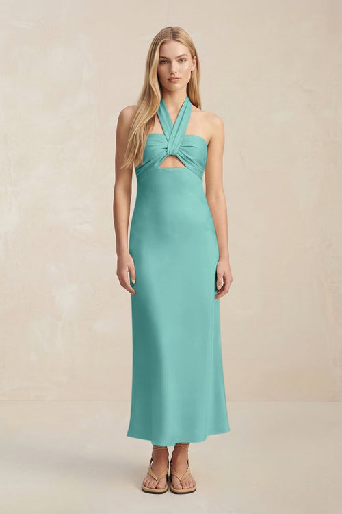 Halter Keyhole Sheath Midi Bridesmaid Dress in Pale Pistachio - KissProm Bridesmaid Dresses