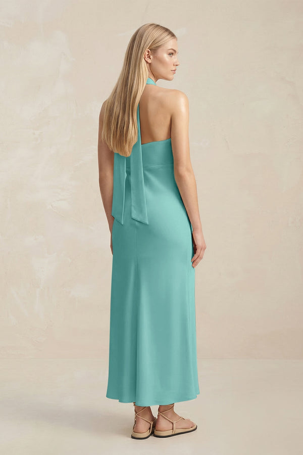Halter Keyhole Sheath Midi Bridesmaid Dress in Pale Pistachio - KissProm Bridesmaid Dresses