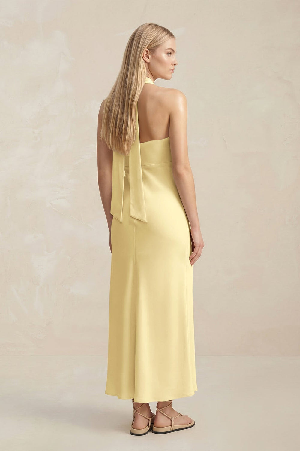 Halter Keyhole Sheath Midi Bridesmaid Dress in Pastel Yellow - KissProm Bridesmaid Dresses