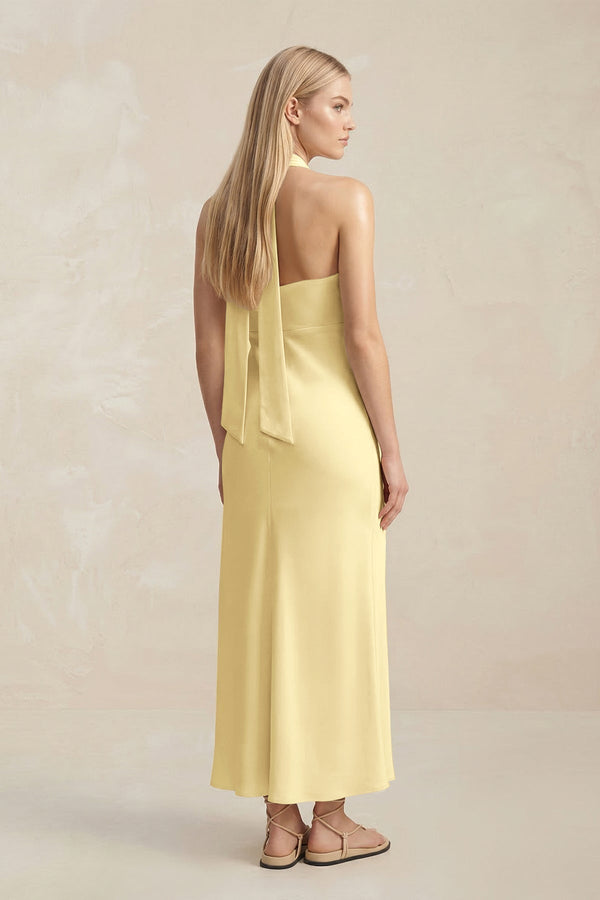 Halter Keyhole Sheath Midi Bridesmaid Dress in Pastel Yellow - KissProm Bridesmaid Dresses
