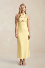Halter Keyhole Sheath Midi Bridesmaid Dress in Pastel Yellow - KissProm Bridesmaid Dresses