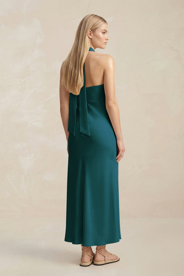 Halter Keyhole Sheath Midi Bridesmaid Dress in Pine - KissProm Bridesmaid Dresses
