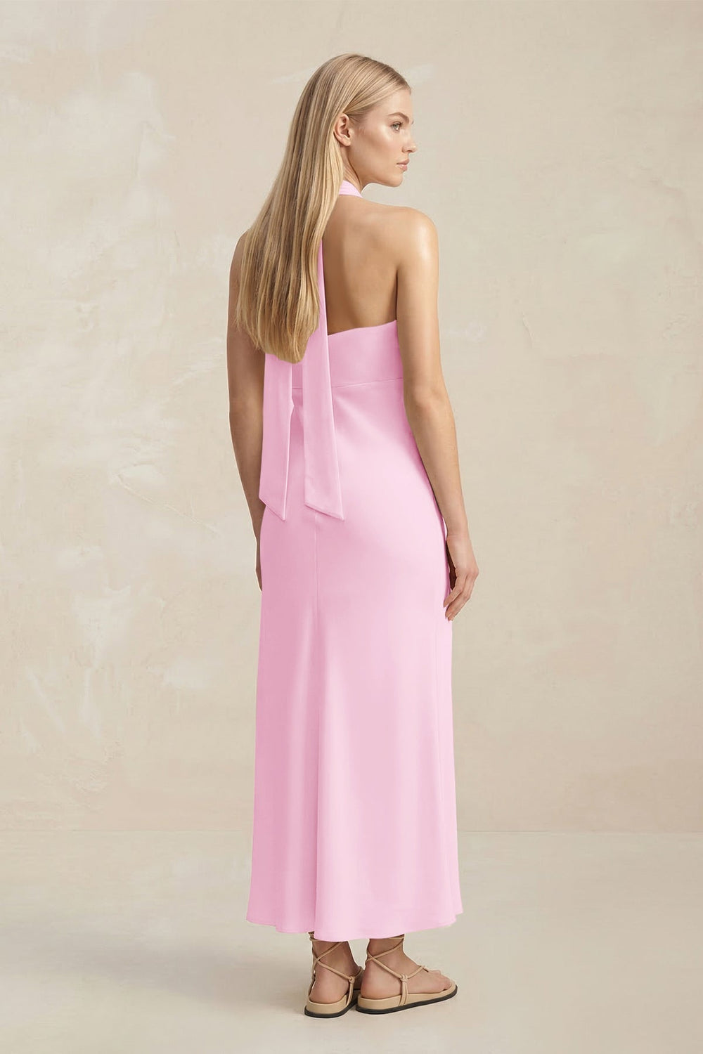 Halter Keyhole Sheath Midi Bridesmaid Dress in Pink - KissProm Bridesmaid Dresses