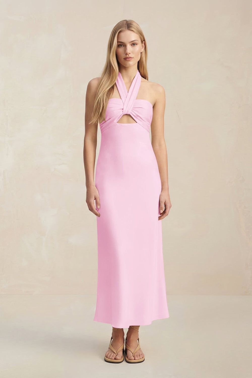 Halter Keyhole Sheath Midi Bridesmaid Dress in Pink - KissProm Bridesmaid Dresses