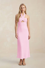 Halter Keyhole Sheath Midi Bridesmaid Dress in Pink - KissProm Bridesmaid Dresses