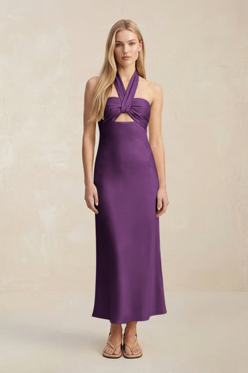 Halter Keyhole Sheath Midi Bridesmaid Dress in Plum - KissProm Bridesmaid Dresses
