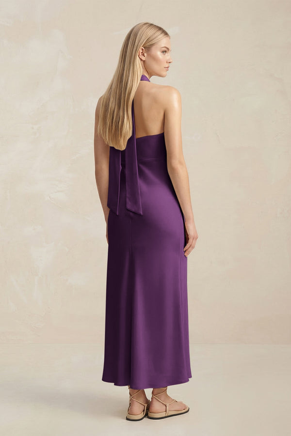 Halter Keyhole Sheath Midi Bridesmaid Dress in Plum - KissProm Bridesmaid Dresses