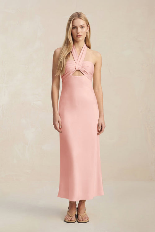 Halter Keyhole Sheath Midi Bridesmaid Dress in Rose Petal - KissProm Bridesmaid Dresses