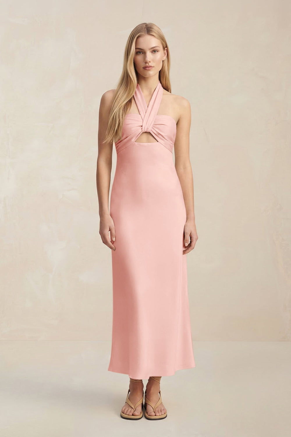 Halter Keyhole Sheath Midi Bridesmaid Dress in Rose Petal - KissProm Bridesmaid Dresses