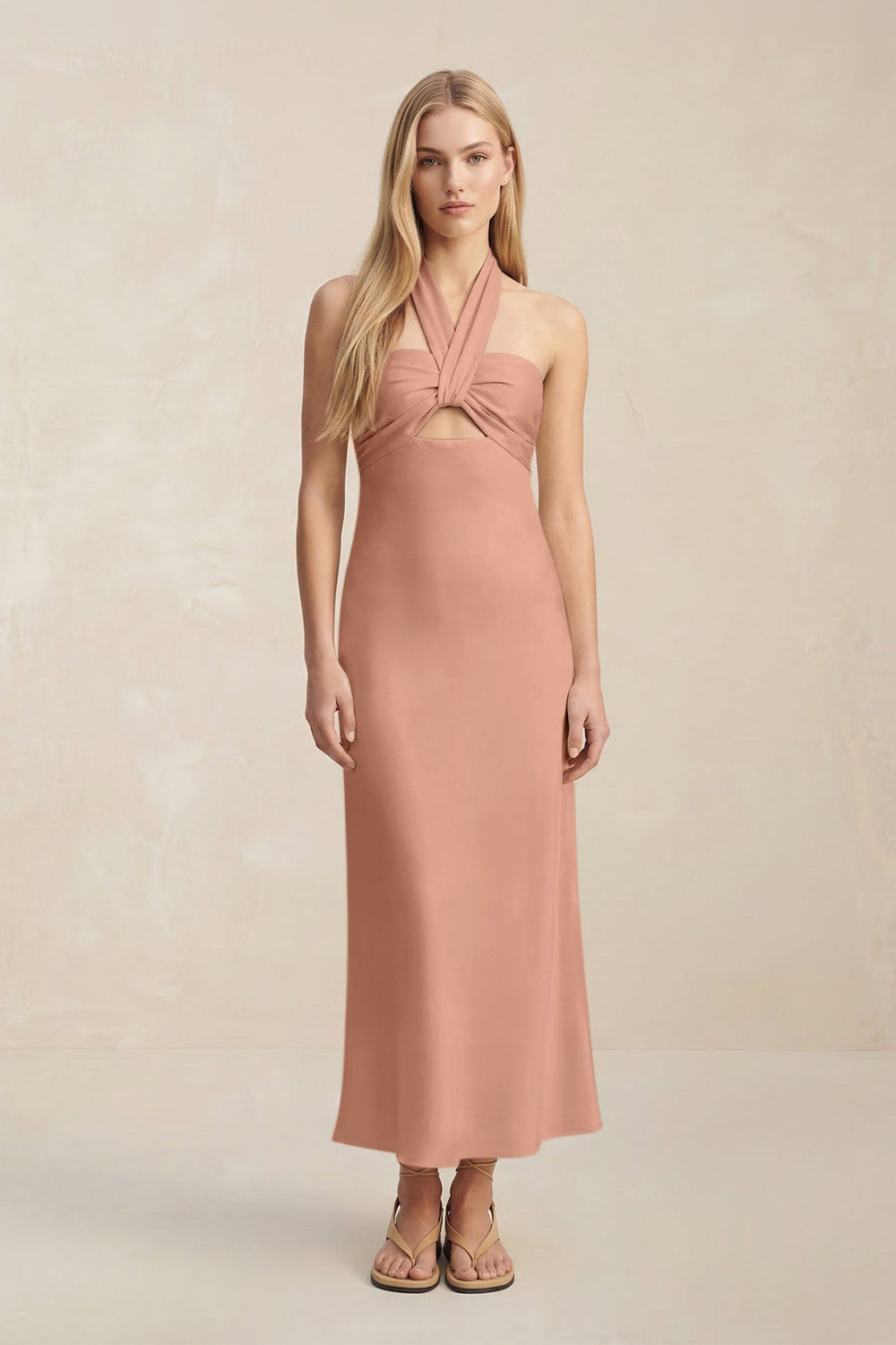Halter Keyhole Sheath Midi Bridesmaid Dress in Rosette - KissProm Bridesmaid Dresses