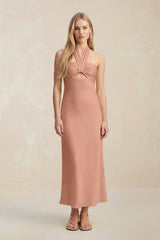 Halter Keyhole Sheath Midi Bridesmaid Dress in Rosette - KissProm Bridesmaid Dresses