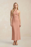 Halter Keyhole Sheath Midi Bridesmaid Dress in Rosette - KissProm Bridesmaid Dresses
