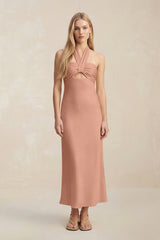 Halter Keyhole Sheath Midi Bridesmaid Dress in Rosette - KissProm Bridesmaid Dresses