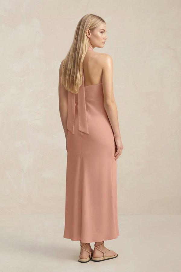 Halter Keyhole Sheath Midi Bridesmaid Dress in Rosette - KissProm Bridesmaid Dresses