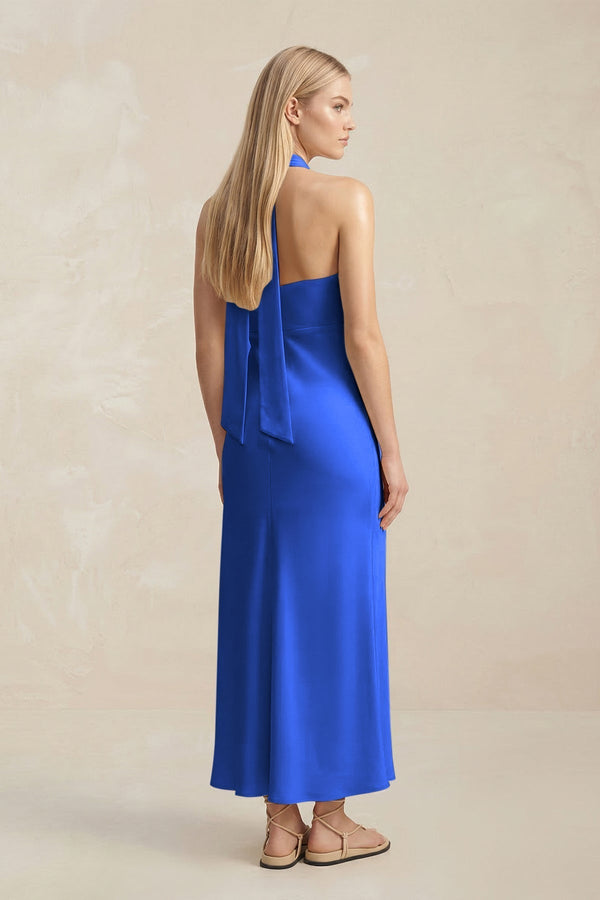 Halter Keyhole Sheath Midi Bridesmaid Dress in Royal Blue - KissProm Bridesmaid Dresses