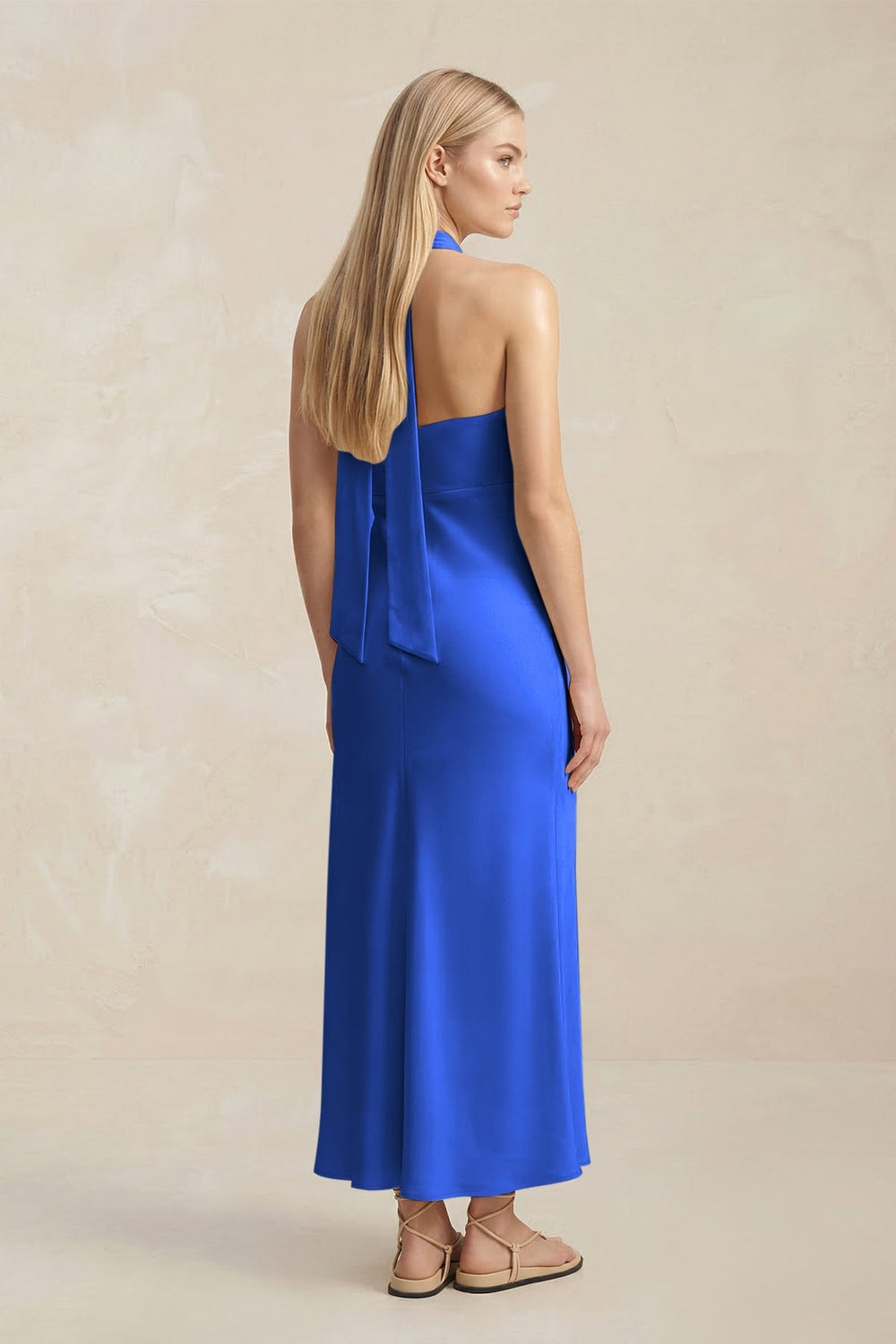 Halter Keyhole Sheath Midi Bridesmaid Dress in Royal Blue - KissProm Bridesmaid Dresses