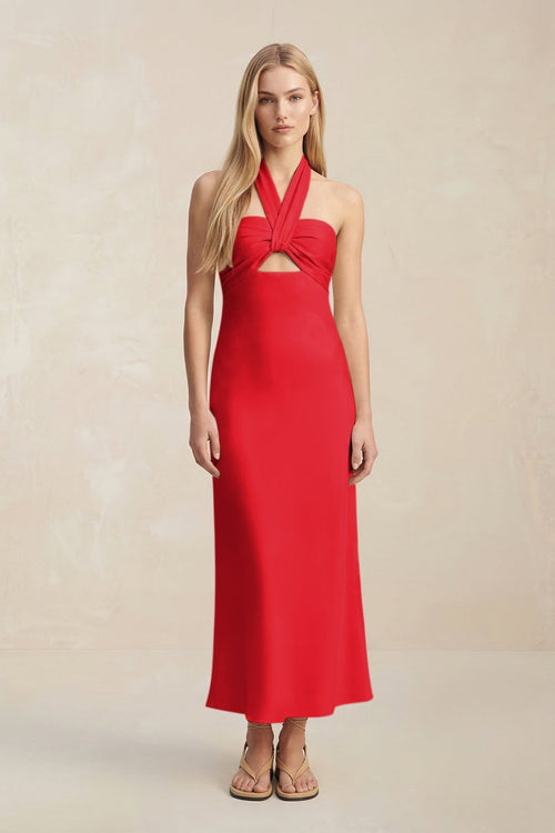 Halter Keyhole Sheath Midi Bridesmaid Dress in Ruby Red - KissProm Bridesmaid Dresses