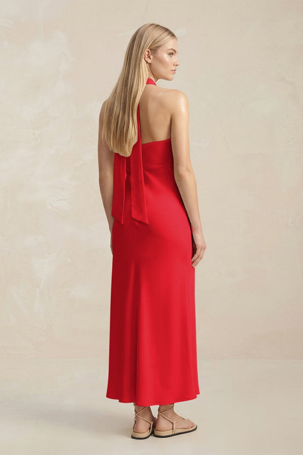 Halter Keyhole Sheath Midi Bridesmaid Dress in Ruby Red - KissProm Bridesmaid Dresses
