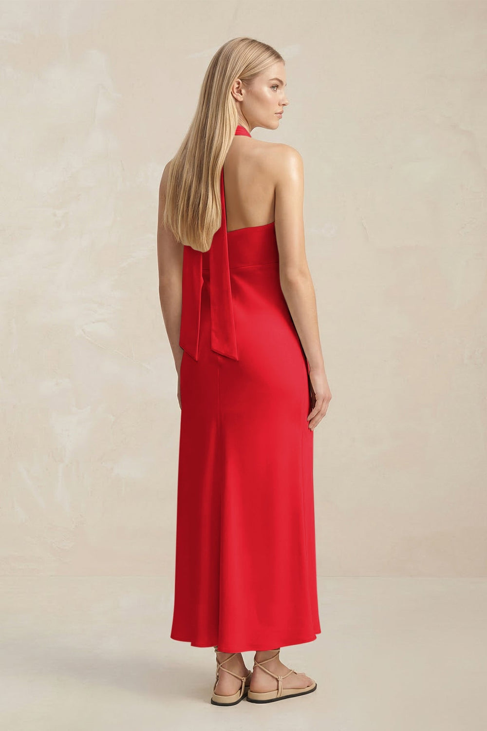 Halter Keyhole Sheath Midi Bridesmaid Dress in Ruby Red - KissProm Bridesmaid Dresses