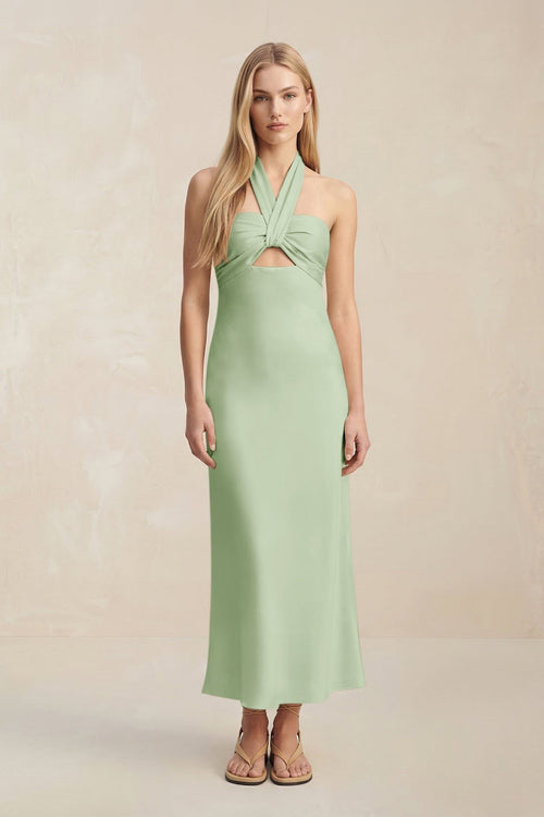Halter Keyhole Sheath Midi Bridesmaid Dress in Sage - KissProm Bridesmaid Dresses