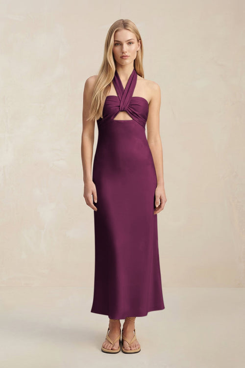 Halter Keyhole Sheath Midi Bridesmaid Dress in Sangria - KissProm Bridesmaid Dresses
