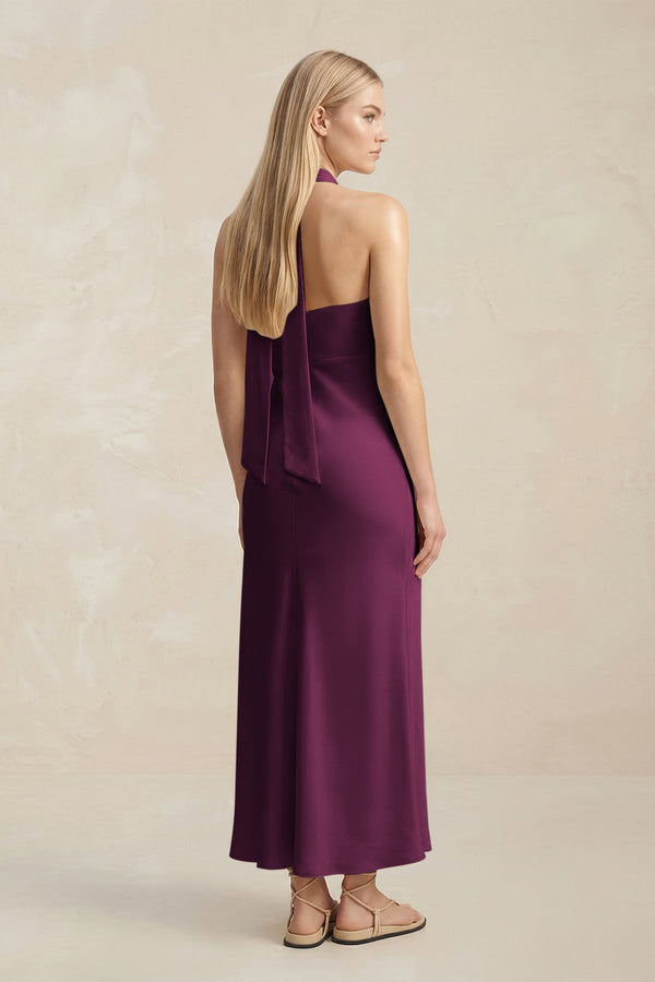 Halter Keyhole Sheath Midi Bridesmaid Dress in Sangria - KissProm Bridesmaid Dresses