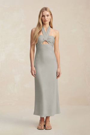 Halter Keyhole Sheath Midi Bridesmaid Dress in Silver - KissProm Bridesmaid Dresses