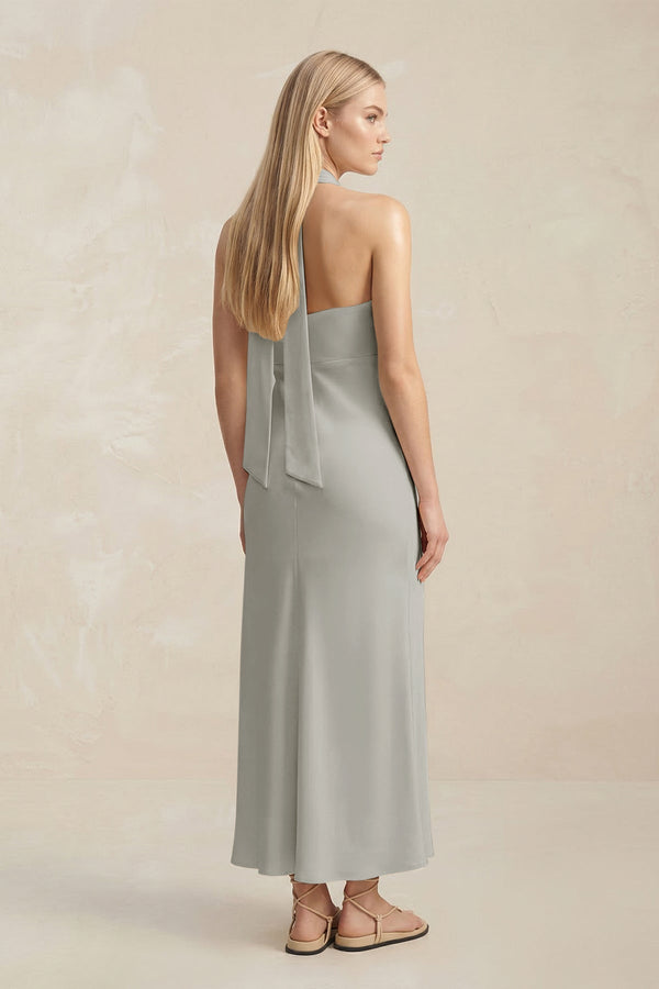 Halter Keyhole Sheath Midi Bridesmaid Dress in Silver - KissProm Bridesmaid Dresses